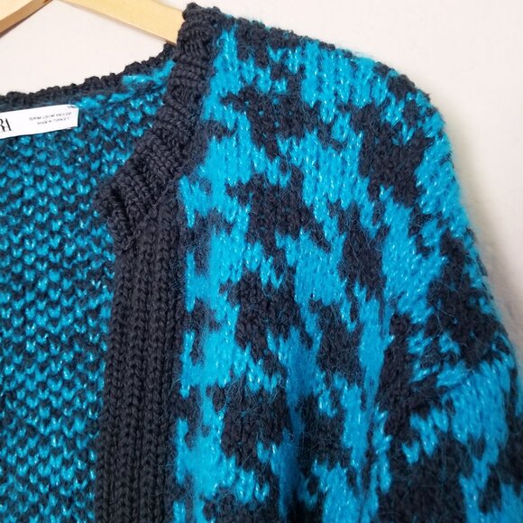 Zara‎ Houndstooth Chunky Blue Black Open Front Cardigan L Slouchy Preppy Casual - Picture 12 of 16